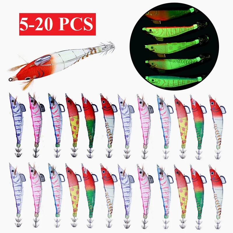 5-20pcs  Artificial Bait Luminous Bait Squid Hook Wood Shrimp Lures