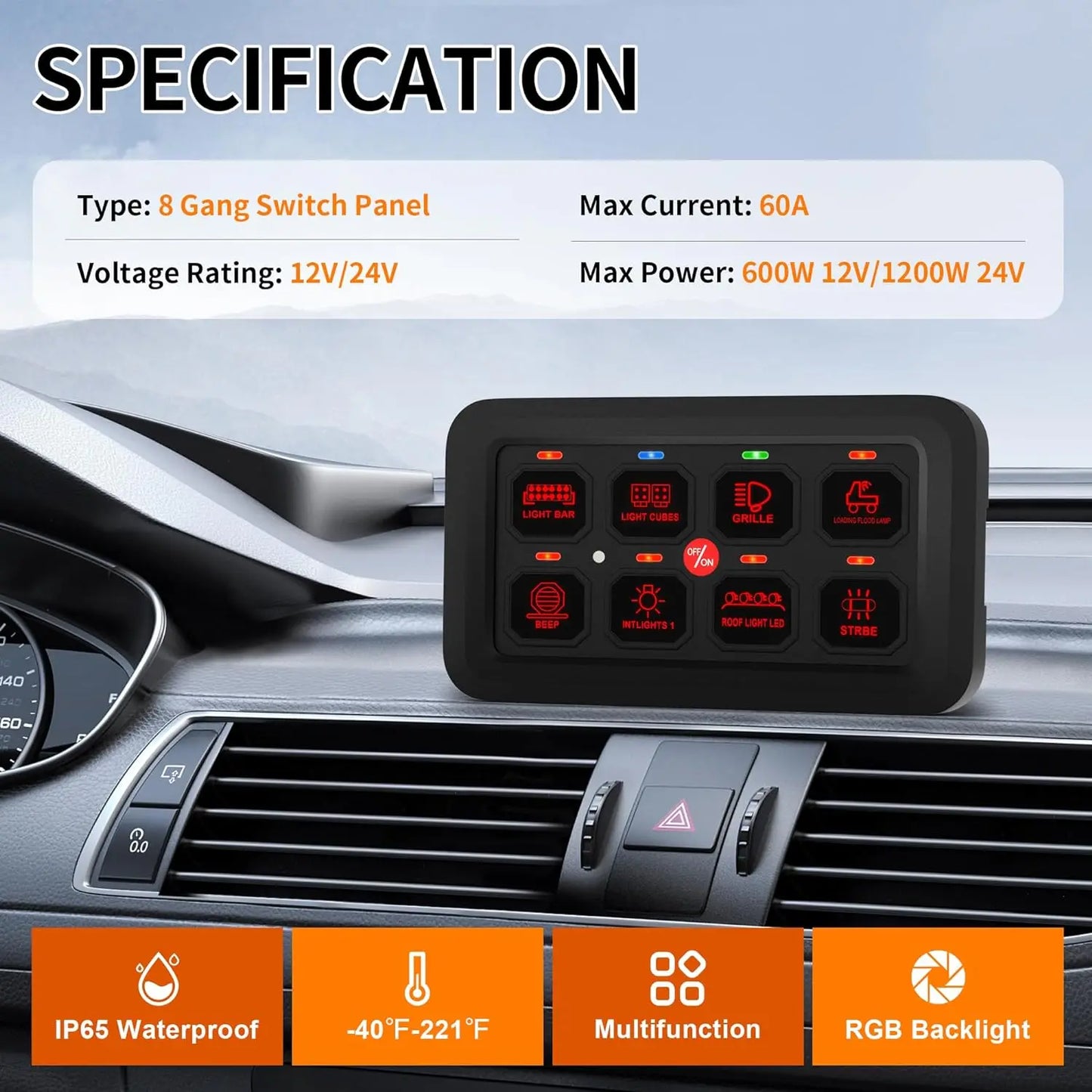 8 Gang Switch Panel RGB LED Light Switch Panel Touch Control Switch Pod Box for Truck Jeep