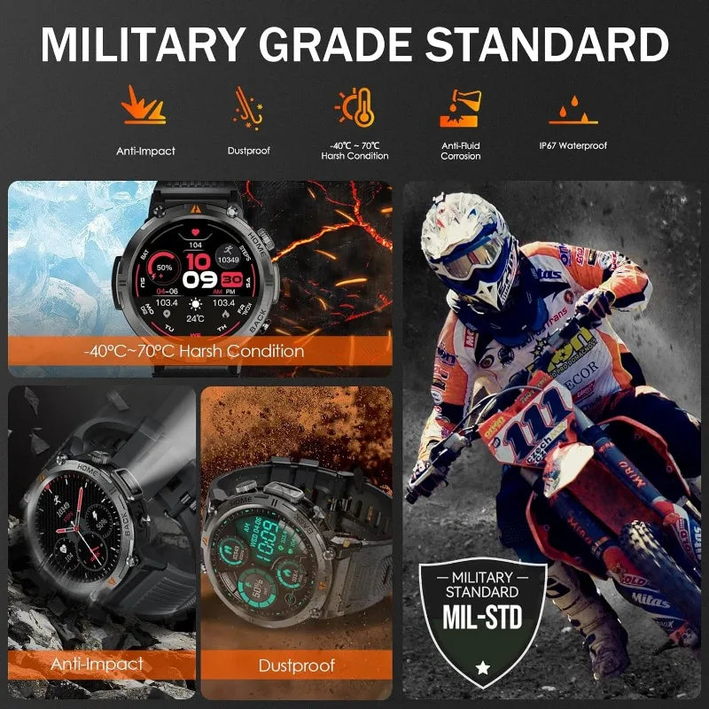 Military Smart Watch for men Waterproof Smart Watch with 100+ Sports Modes Fitness Tracker