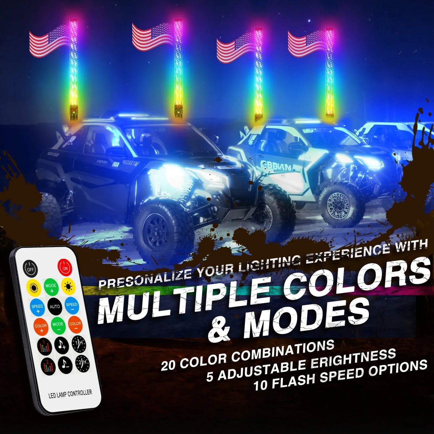 2PCS 2FT Fat Bluetooth Remote Control Colorful Spiral LED Whip Lights